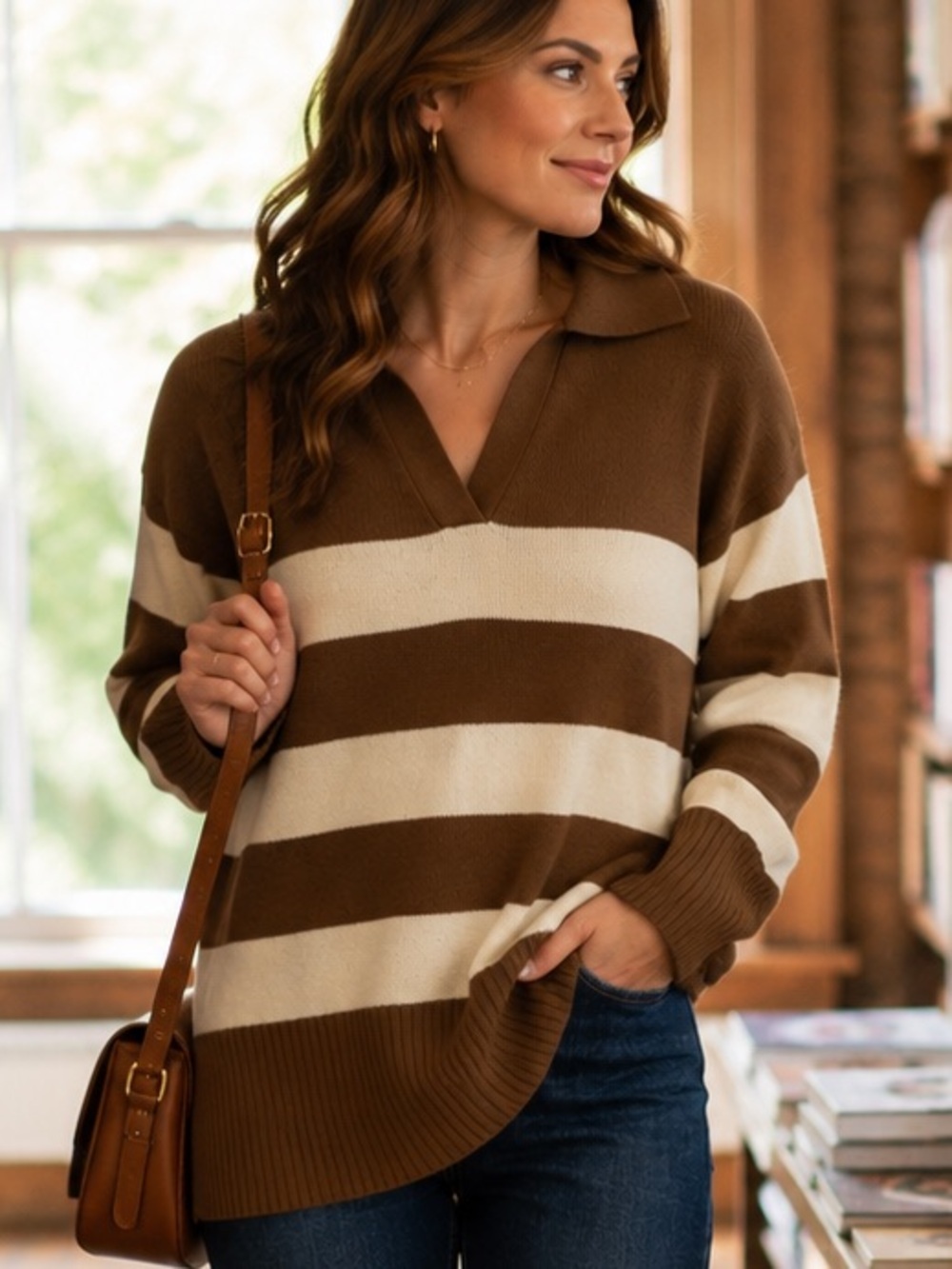 Zesica Striped Collared V-Neck Sweater Cream Brown Oversized Small NWT